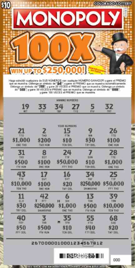 Monopoly 100X scratchcard - game number #2764 - front-scratched