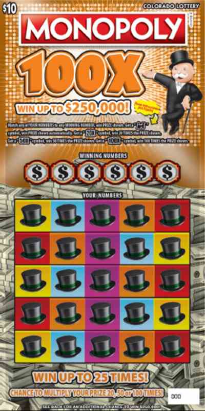 Monopoly 100X scratchcard - game number #2764 - front