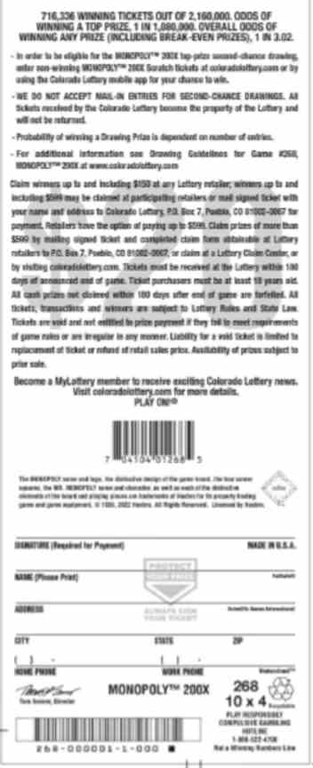 Monopoly 200X scratchcard - game number #2765 - back