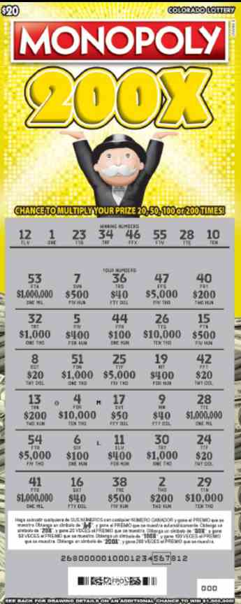 Monopoly 200X scratchcard - game number #2765 - front-scratched