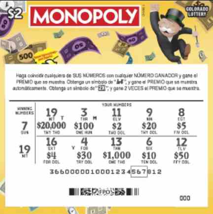 Monopoly scratchcard - game number #2871 - front-scratched