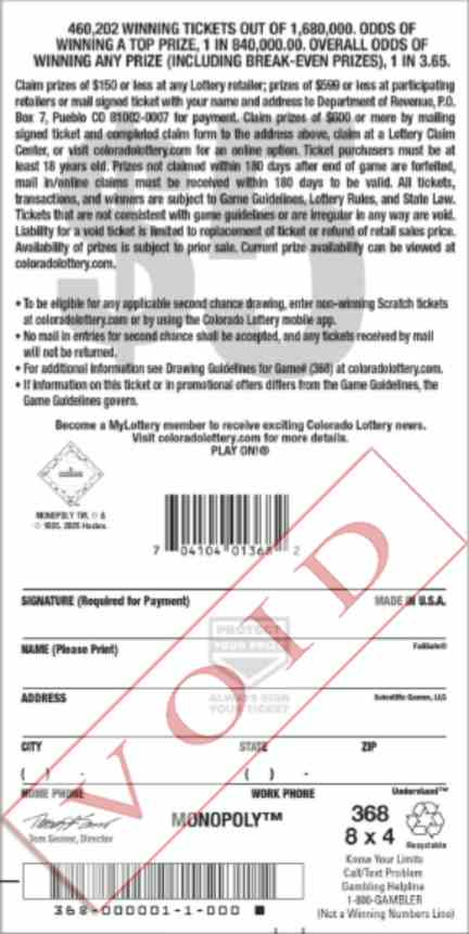 Monopoly scratchcard - game number #2873 - back