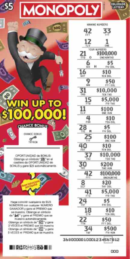 Monopoly scratchcard - game number #2873 - front-scratched