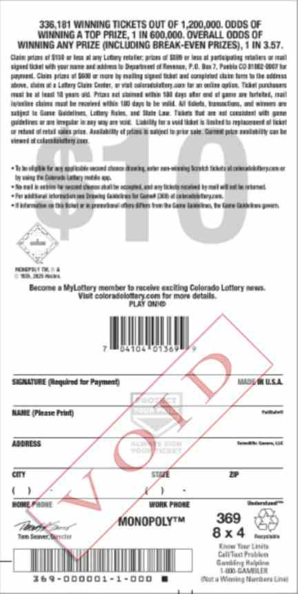 Monopoly scratchcard - game number #2874 - back