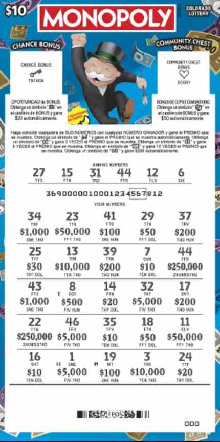 Monopoly scratchcard - game number #2874 - front-scratched