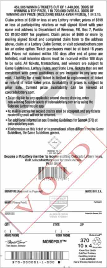 Monopoly scratchcard - game number #2875 - back