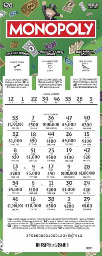 Monopoly scratchcard - game number #2875 - front-scratched