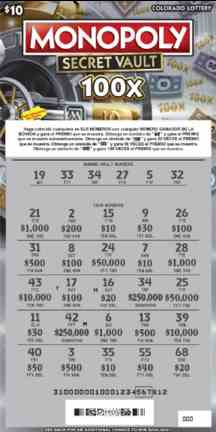 Monopoly Secret Vault 100X scratchcard - game number #310 - front-scratched