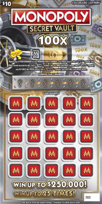 Monopoly Secret Vault 100X scratchcard - game number #310 - front