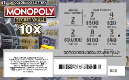 Monopoly Secret Vault 10X® scratchcard - game number #307 - front-scratched