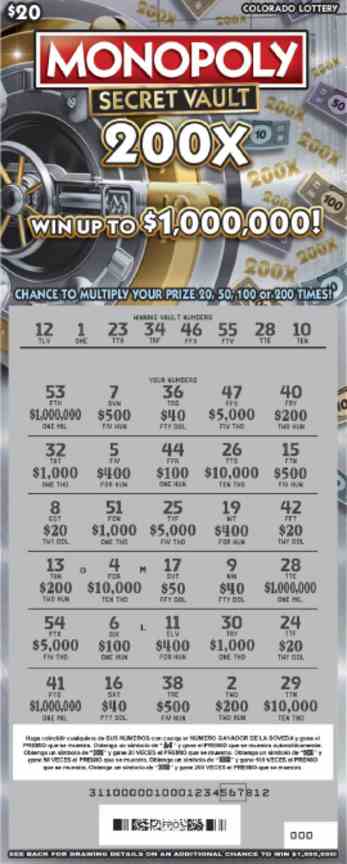 Monopoly Secret Vault 200X scratchcard - game number #2815 - front-scratched