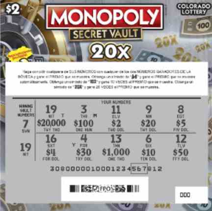 Monopoly Secret Vault 20X scratchcard - game number #308 - front-scratched