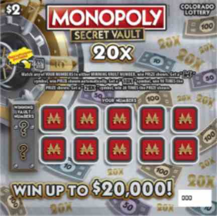 Monopoly Secret Vault 20X scratchcard - game number #308 - front