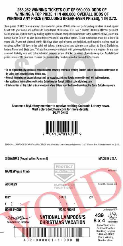 National Lampoon's Christmas Vacation scratchcard - game number #2947 - back