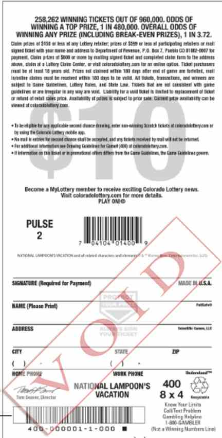 National Lampoon's Vacation scratchcard - game number #2904 - back