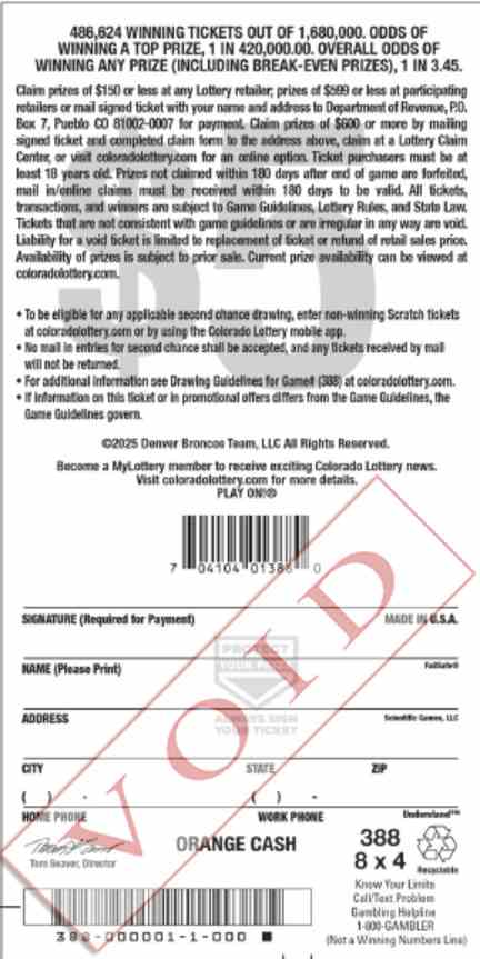 Orange Cash scratchcard - game number #388 - back