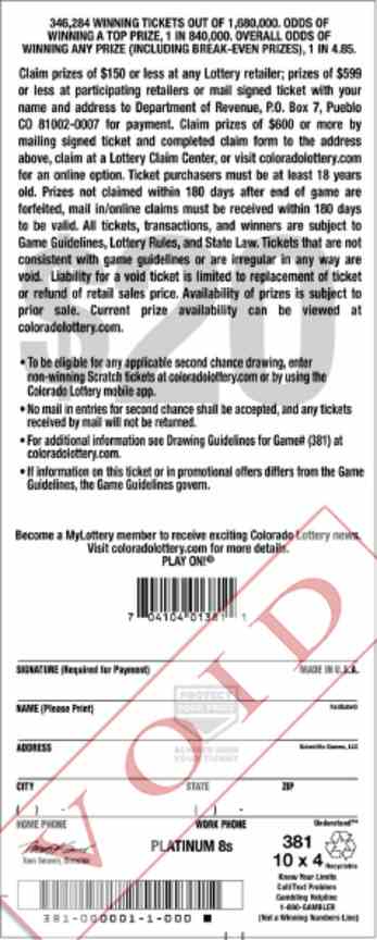 Platinum 8S scratchcard - game number #381 - back