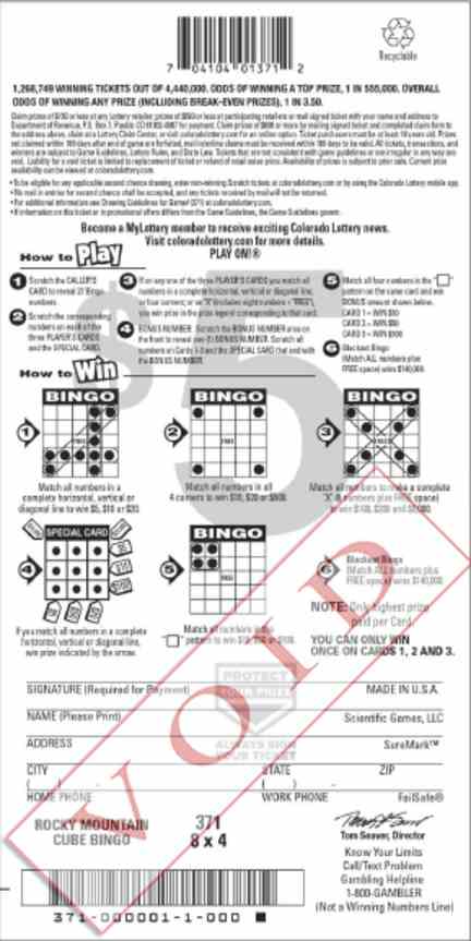 Rocky Mountain Cube Bingo scratchcard - game number #2880 - back