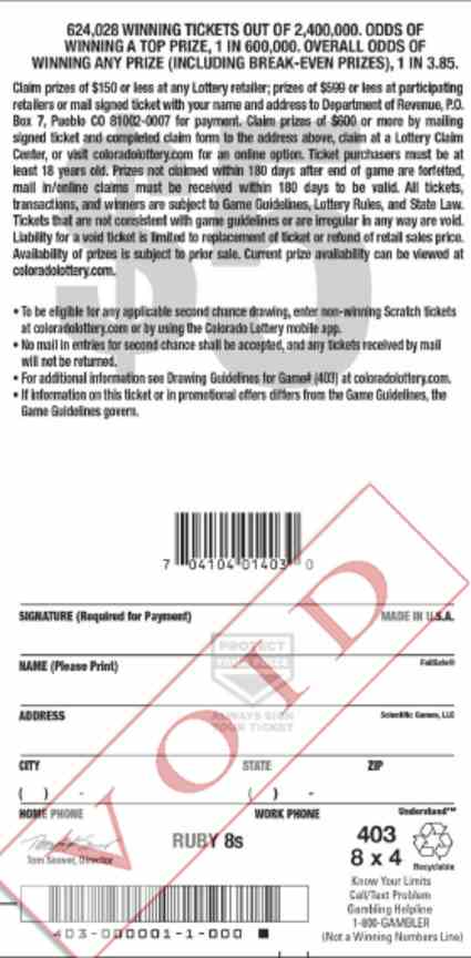 Ruby 8S scratchcard - game number #403 - back