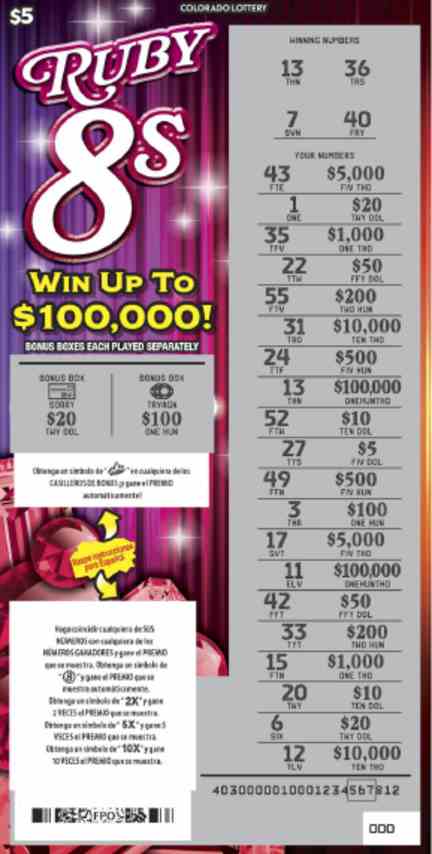 Ruby 8S scratchcard - game number #403 - front-scratched