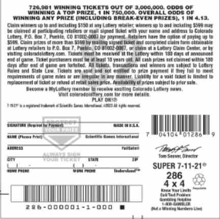 Super 7-11-21 scratchcard - game number #2785 - back