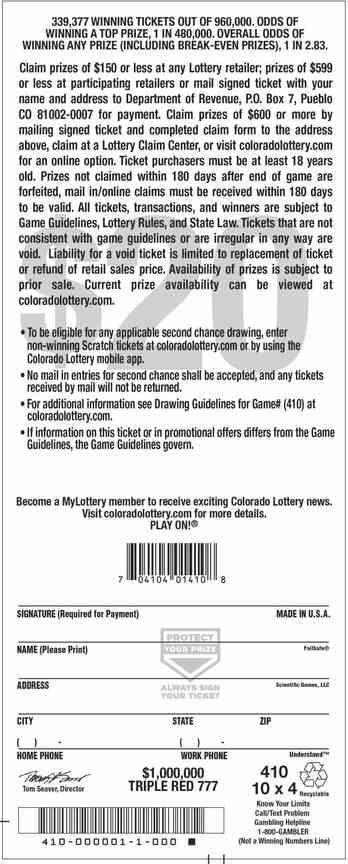 Triple Red 777 scratchcard - game number #410 - back