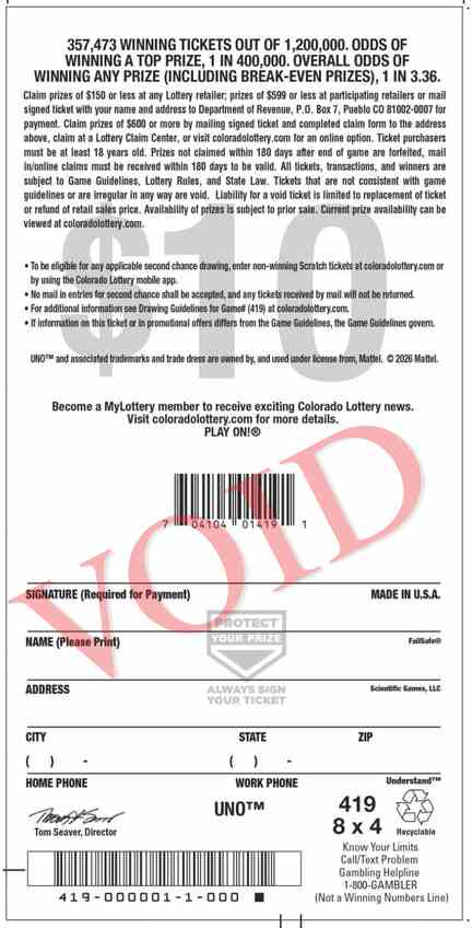 Uno scratchcard - game number #2925 - back