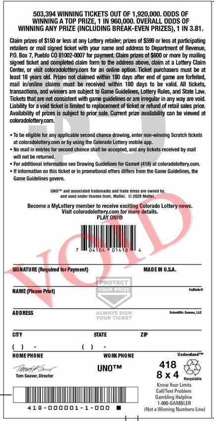 Uno scratchcard - game number #2926 - back