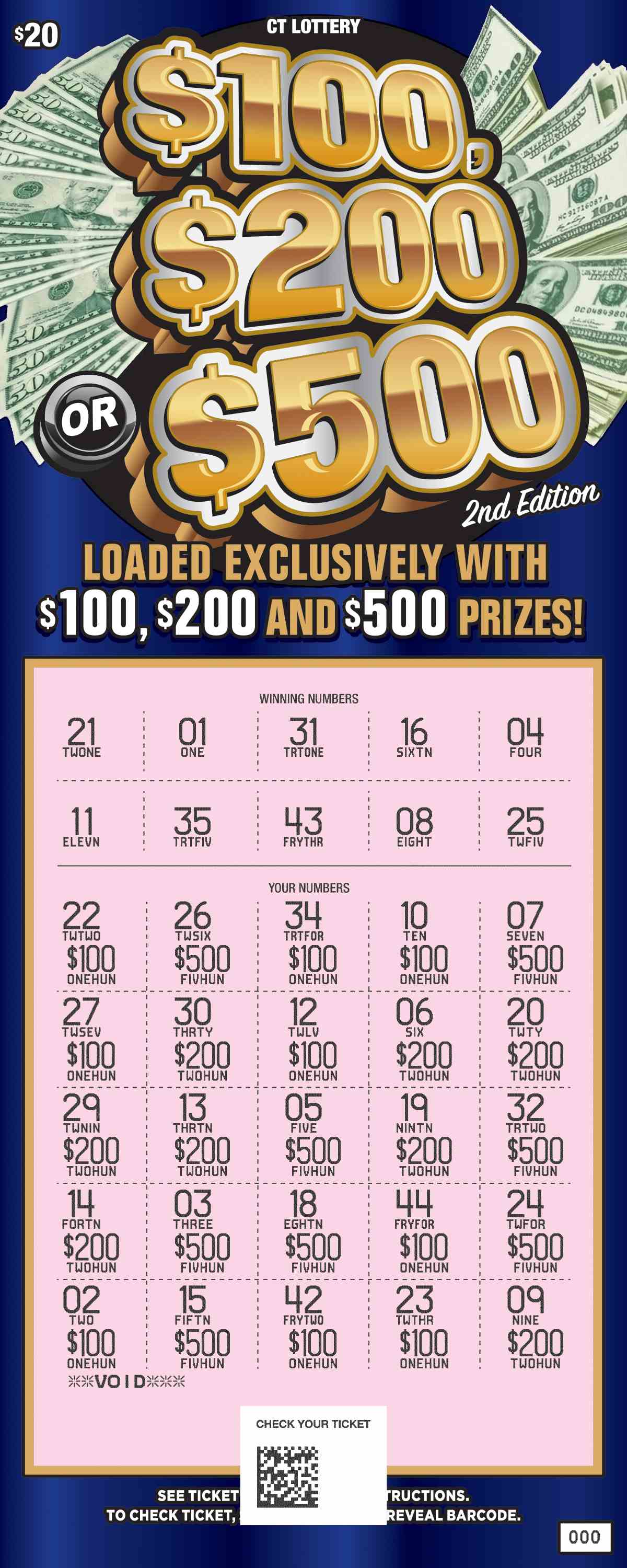 $100, $200 Or $500 2Nd Edition scratchcard - game number #1905 - front-scratched