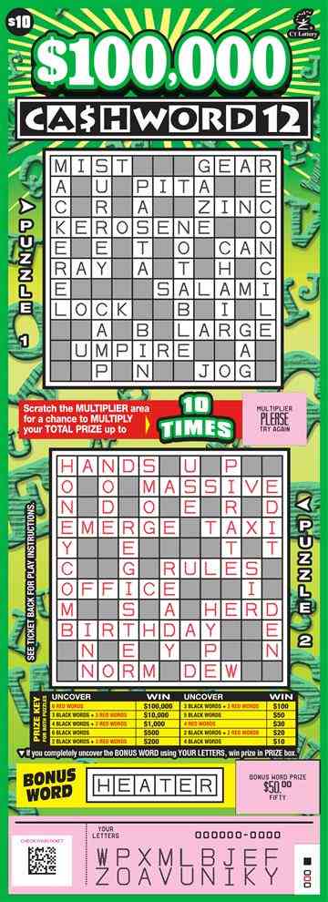 $100,000 Cashword 12 scratchcard - game number #1705 - front-scratched