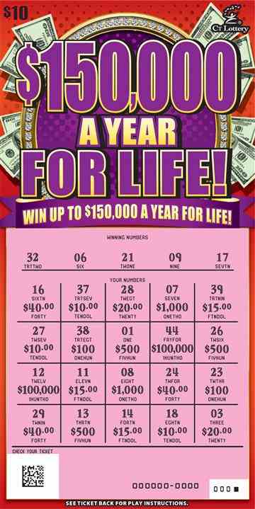 $150,000 A Year For Life! scratchcard - game number #1675 - front-scratched