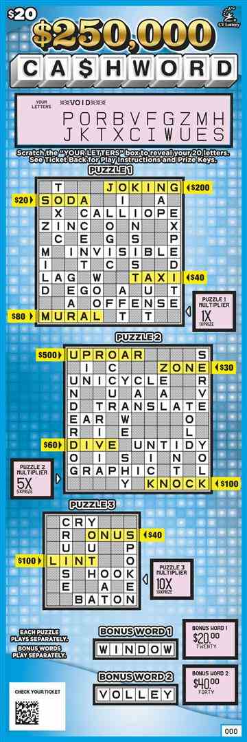 $250,000 Ca$Hword scratchcard - game number #1780 - front-scratched