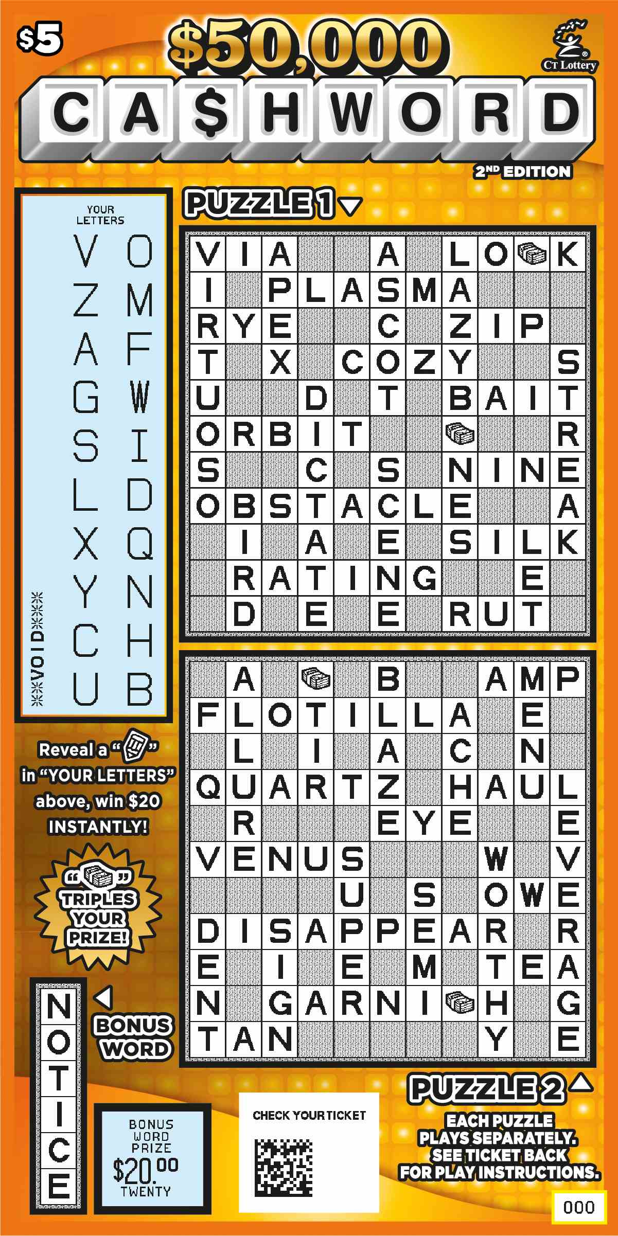$50,000 Ca$Hword 2Nd Edition scratchcard - game number #1830 - front-scratched