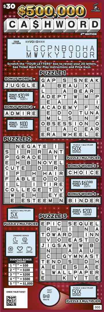 $500,000 Cashword 2Nd Edition scratchcard - game number #1800 - front-scratched