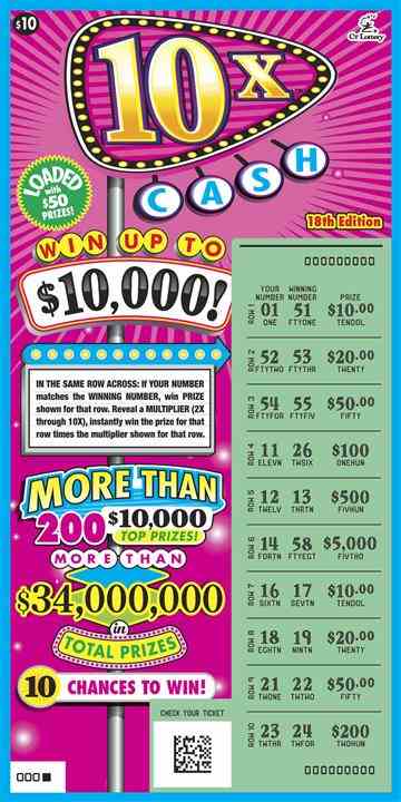 10X Cash 18Th Edition scratchcard - game number #1805 - front-scratched