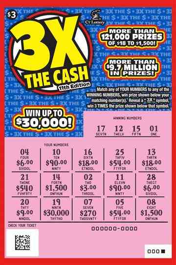 3X The Cash 11Th Edition scratchcard - game number #1636 - front-scratched