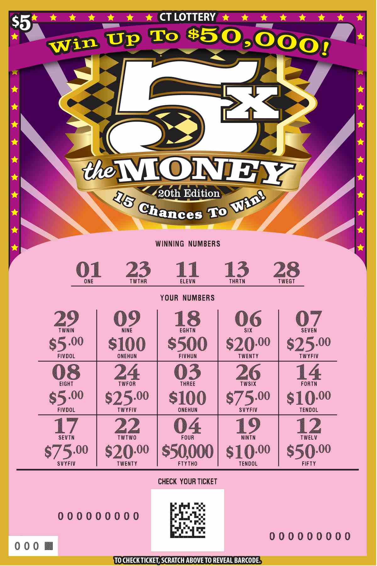 5X The Money 20Th Edition scratchcard - game number #1915 - front-scratched