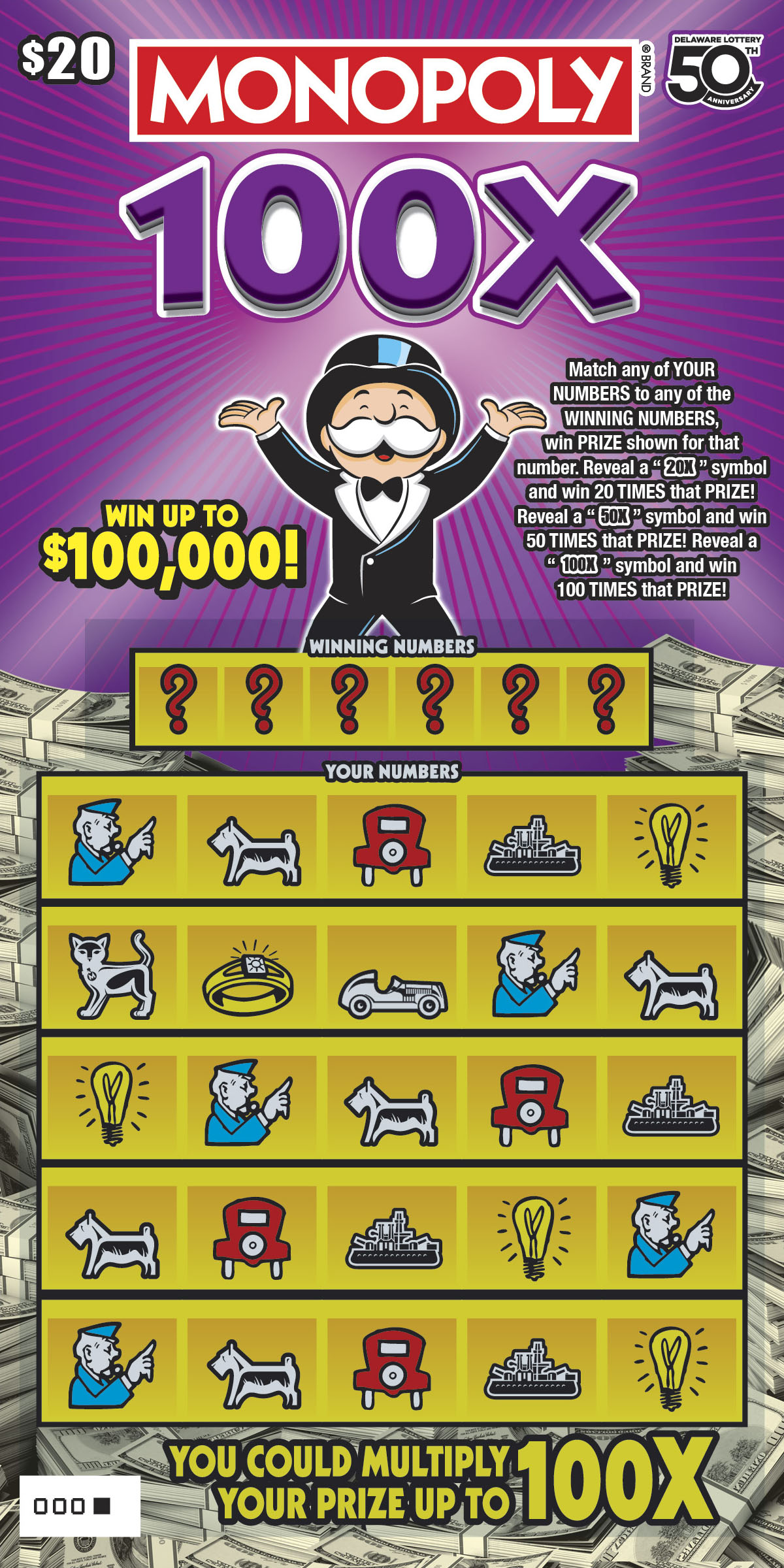 Monopoly 100X scratchcard - game number #516 - front