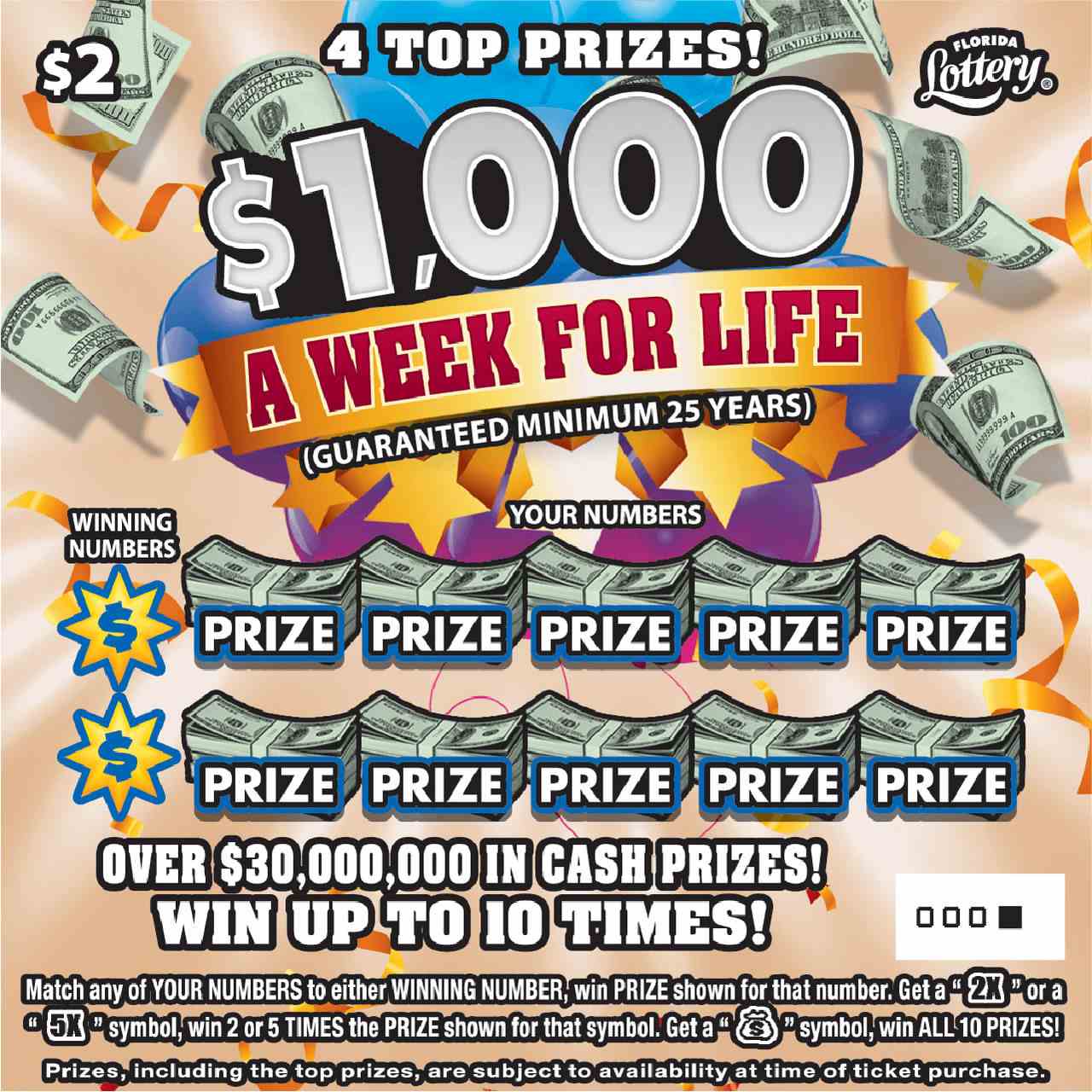 $1,000 A Week For Life scratchcard - game number #1599 - front