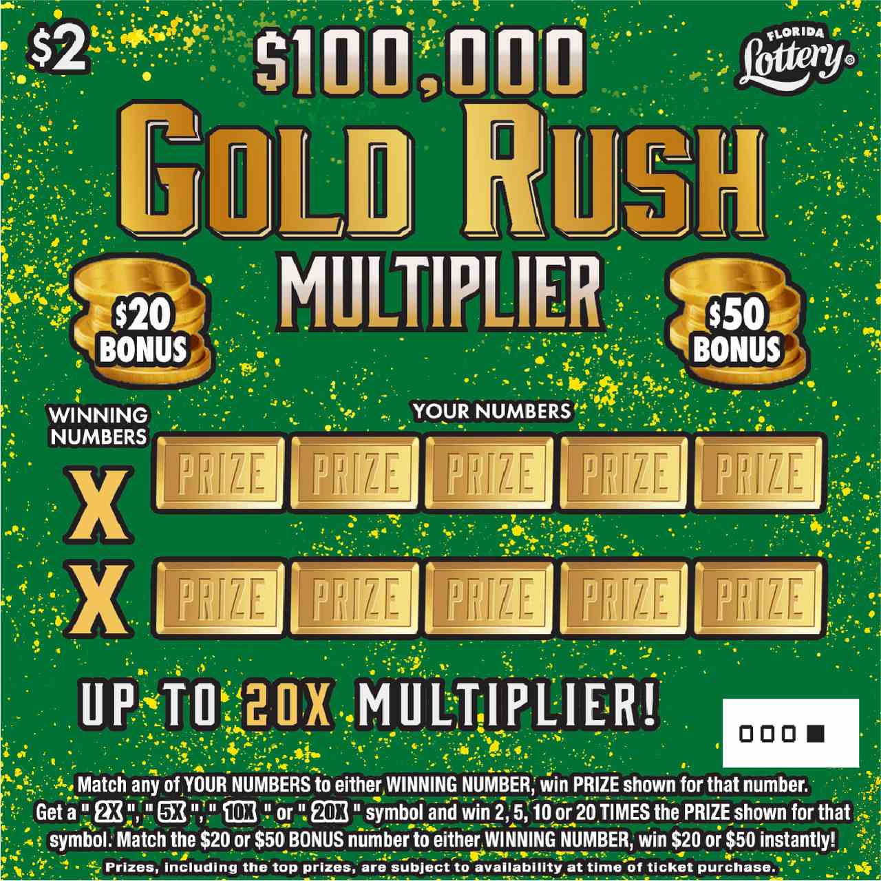 $100K Gold Rush Multiplier scratchcard - game number #1584 - front