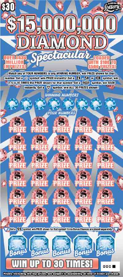 $15Mm Diamond Spectacular scratchcard - game number #1608 - front