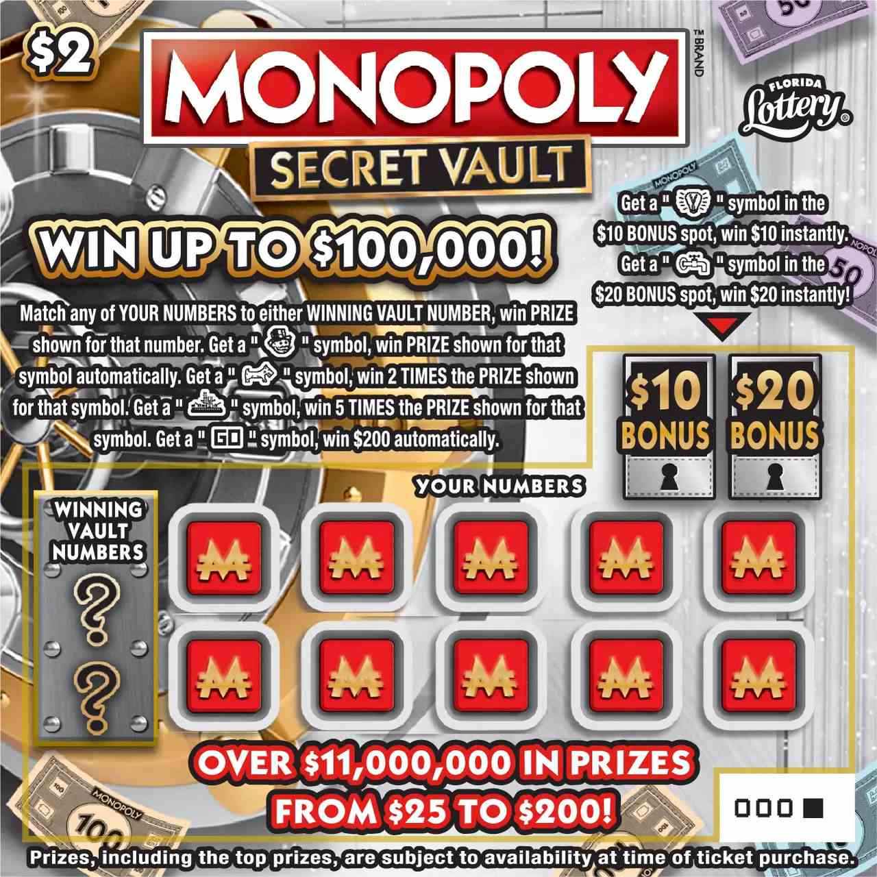 $2 MONOPOLY SECRET VAULT scratchcard - game number #1566 - front