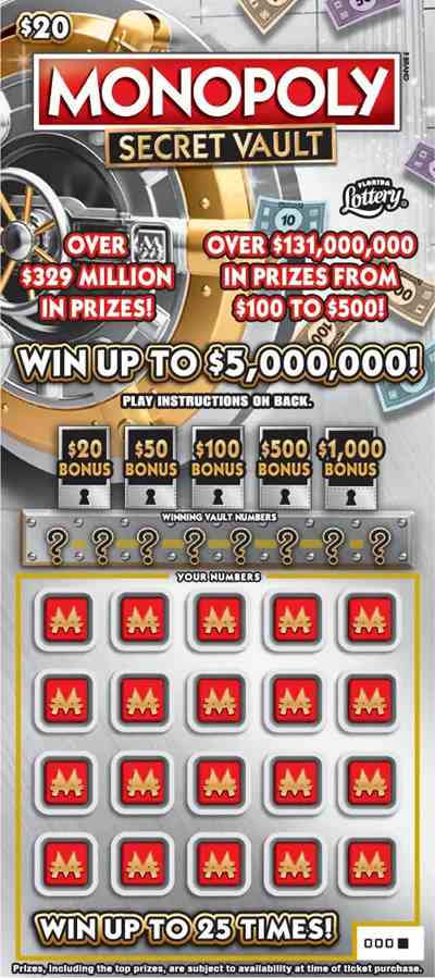 $20 MONOPOLY SECRET VAULT scratchcard - game number #1569 - front