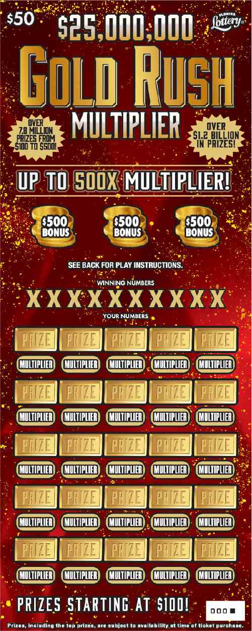 $25Mm Gold Rush Multiplier scratchcard - game number #1590 - front