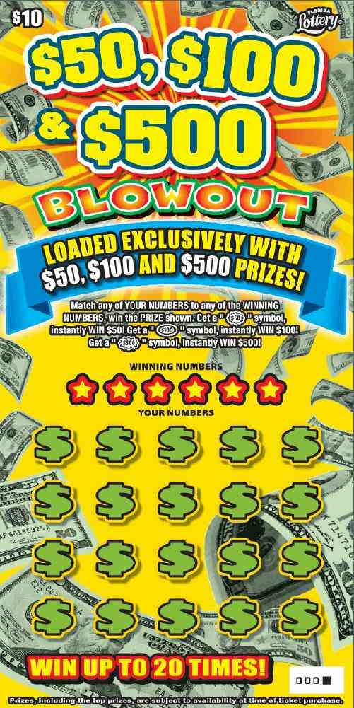 $50, $100 & $500 Blowout scratchcard - game number #1607 - front
