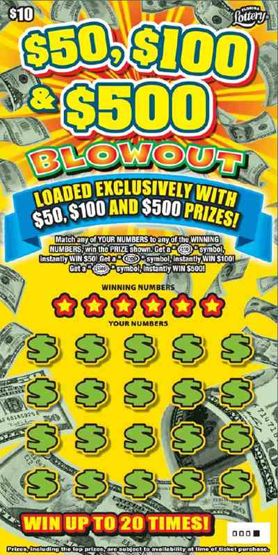 $50, $100 & $500 Blowout scratchcard - game number #1607 - front