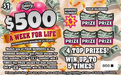 $500 A Week For Life scratchcard - game number #1598 - front