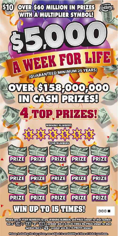 $5,000 A Week For Life scratchcard - game number #1601 - front