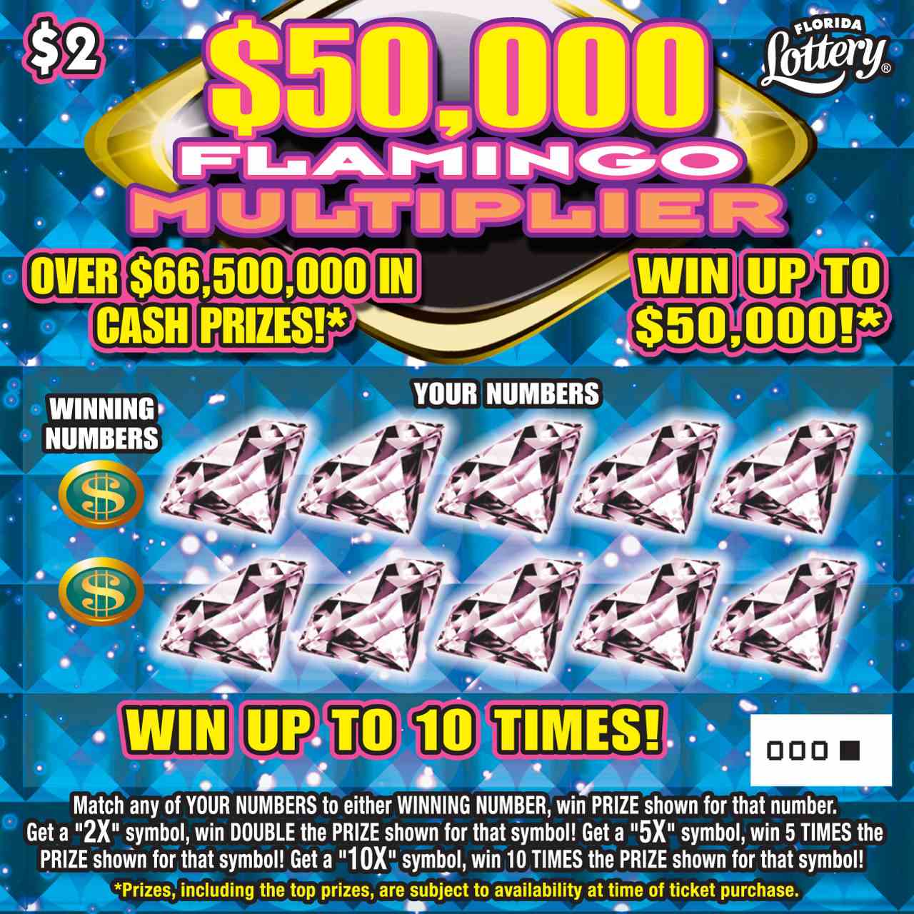 $50,000 FLAMINGO MULTIPLIER scratchcard - game number #1297 - front