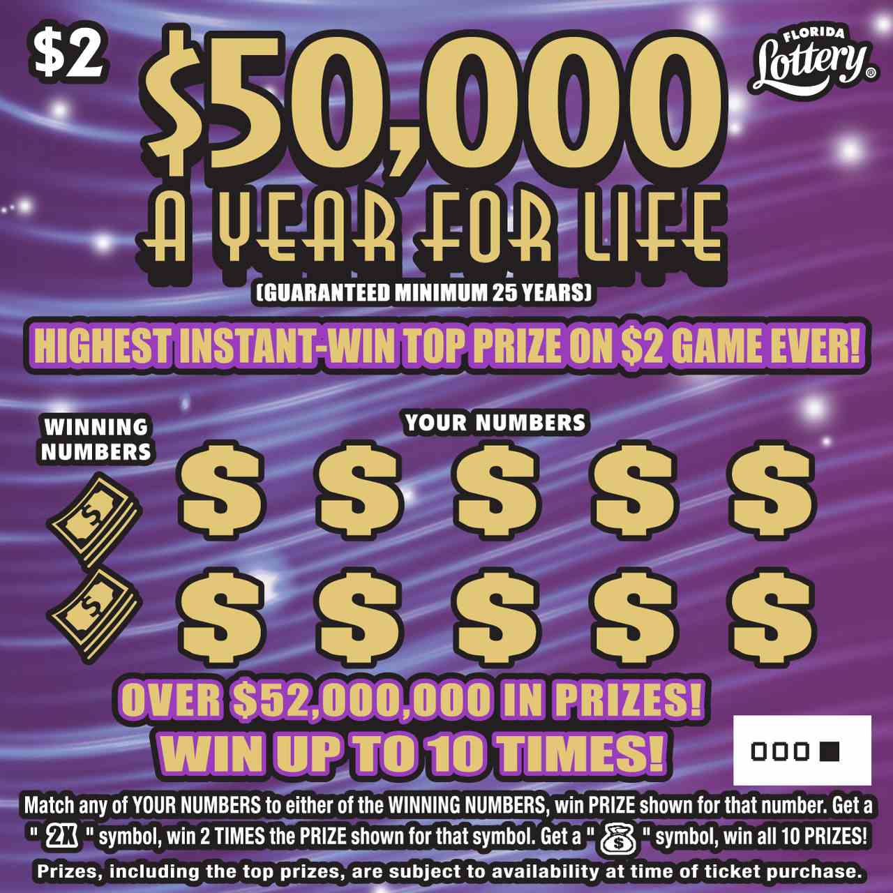 $50K A YR FOR LIFE scratchcard - game number #1533 - front